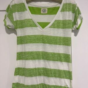 American Eagle Outfitters Green & White Striped V-Neck Tee